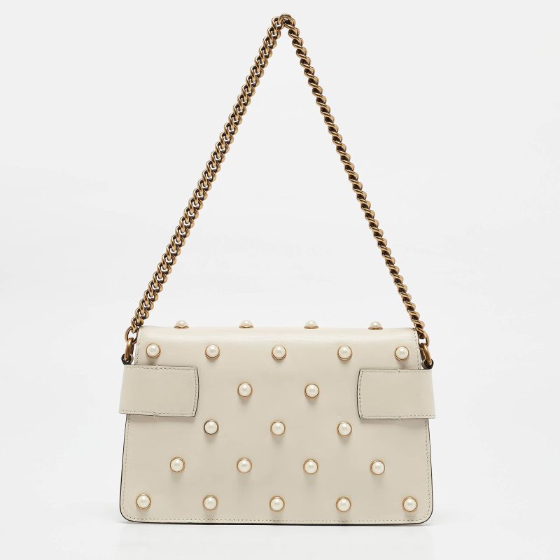 Gucci Off White Leather Mini Pearl Studded Broadway Bee Shoulder Bag - Barde - Image 3