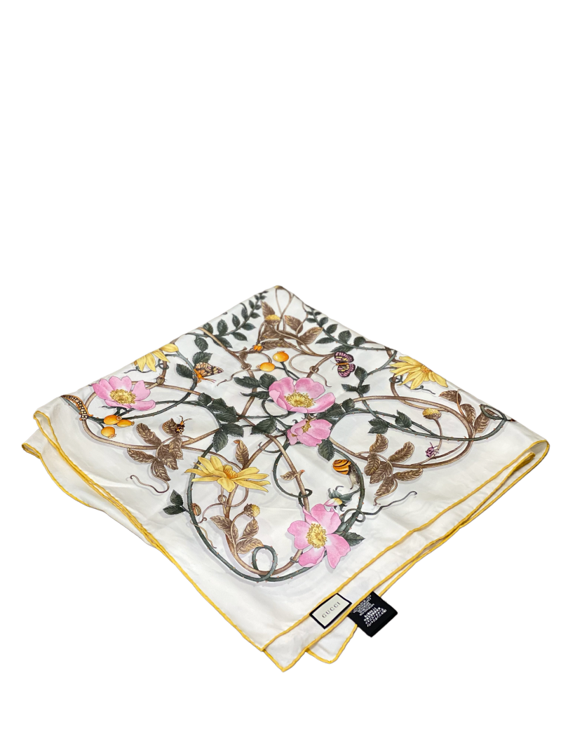 Gucci Off White Flower Print Silk Square Scarf - Barde
