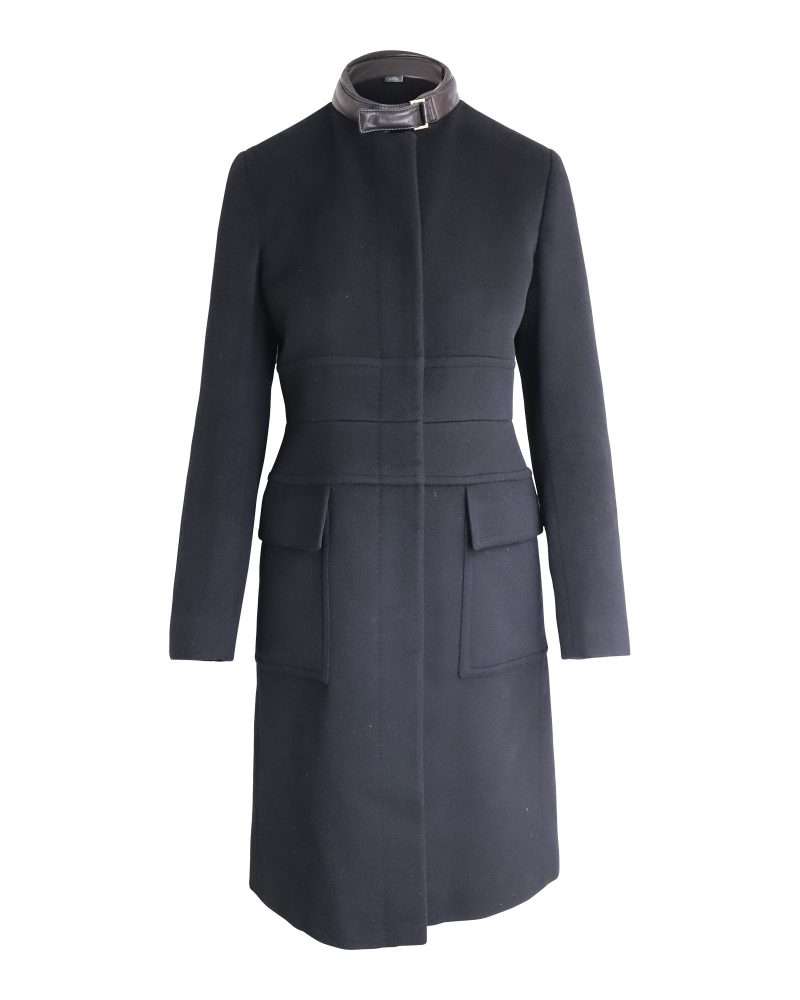 Gucci Leather Collar Coat in Black Wool - Barde