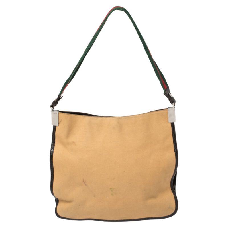 Gucci Khaki Canvas And Leather Trim Web Detail Hobo - Barde - Image 3