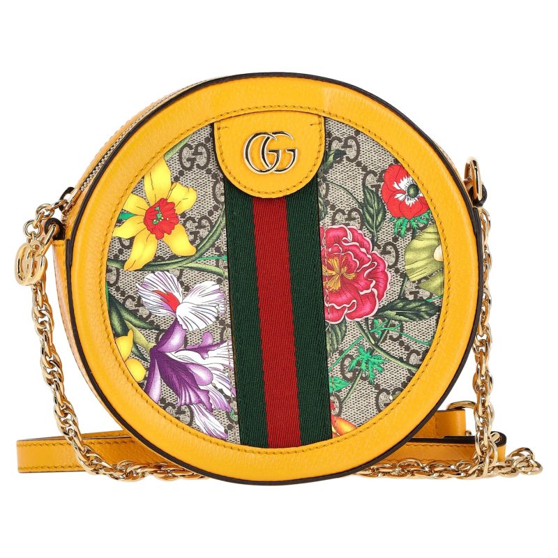 Gucci Ophidia Round Mini Crossbody Bag in Yellow Leather and Floral Print Canvas - Barde