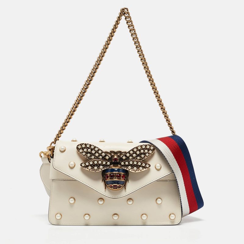 Gucci Off White Leather Mini Pearl Queen Margaret Broadway Shoulder Bag - Barde