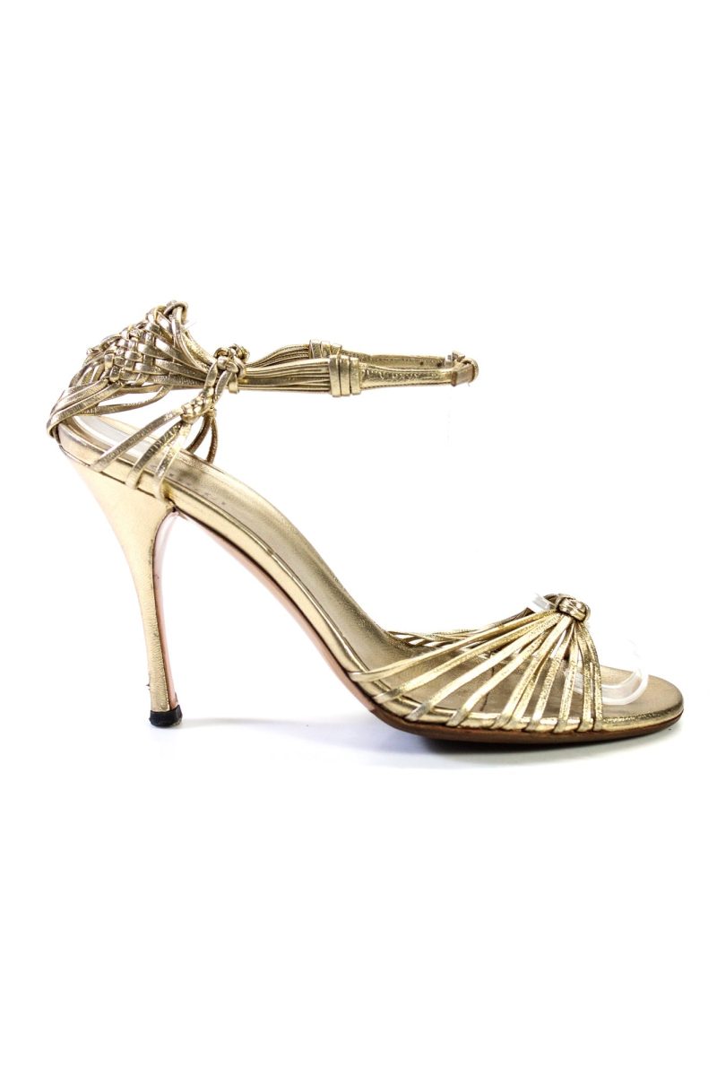 Gucci Womens Gold Leather High Heels Strappy Open Toe Sandals Shoes - Barde - Image 4