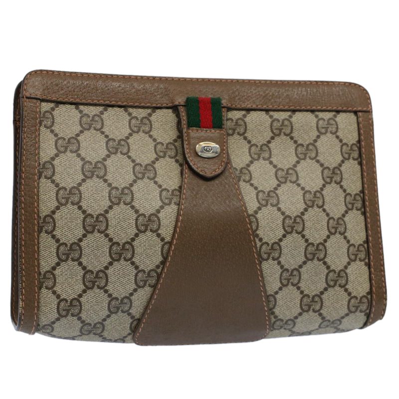 Gucci GG Canvas Web Sherry Line Clutch Bag PVC Leather Beige Red - Barde