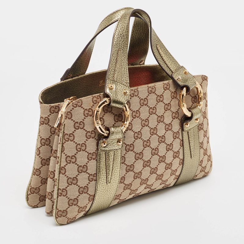 Gucci Metallic/beige Gg Canvas And Leather Bamboo Ring Satchel - Barde - Image 2
