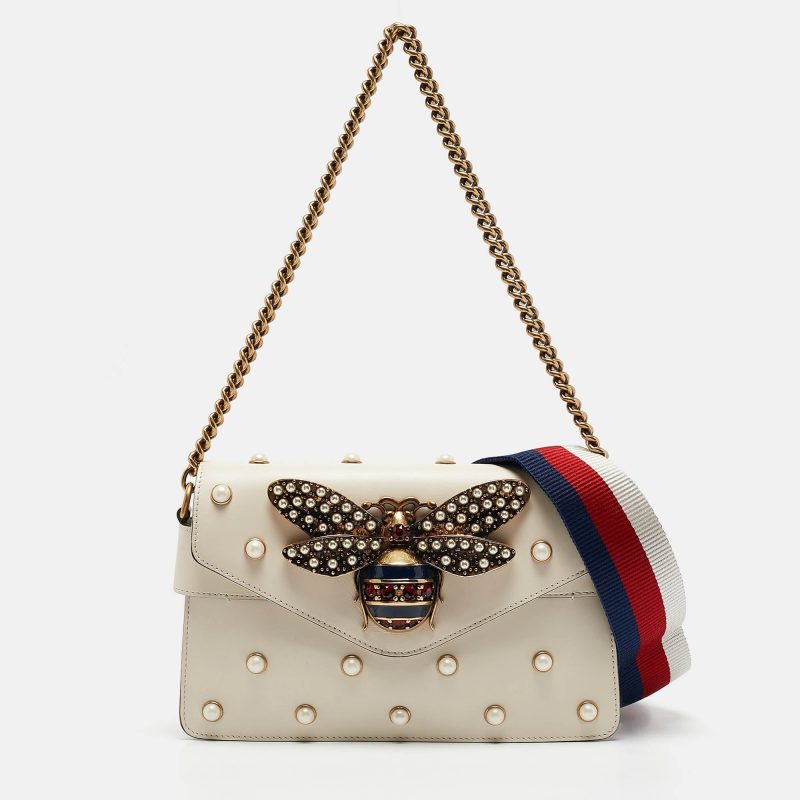 Gucci Off White Leather Mini Pearl Studded Broadway Bee Shoulder Bag - Barde