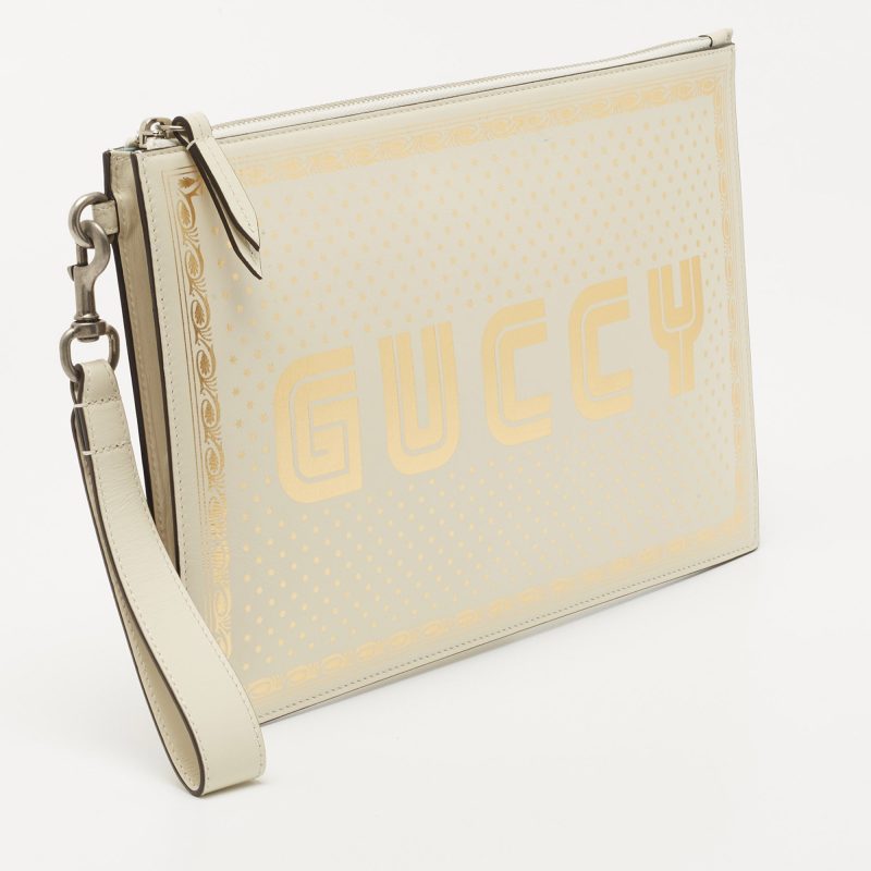 Gucci Off White/gold Leather Guccy Zip Wristlet Pouch - Barde - Image 2