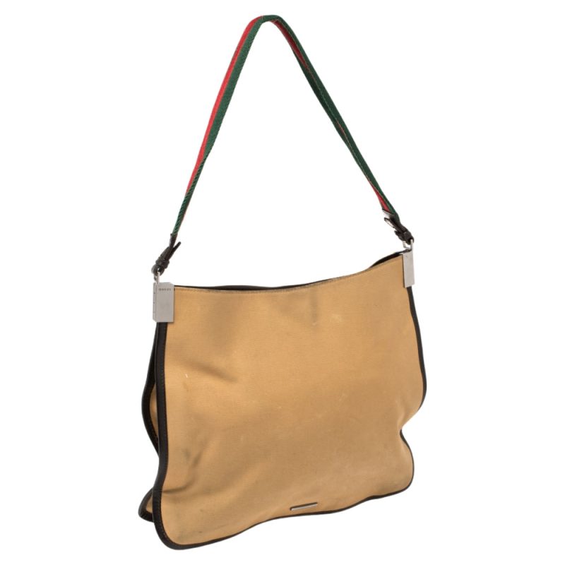 Gucci Khaki Canvas And Leather Trim Web Detail Hobo - Barde - Image 2