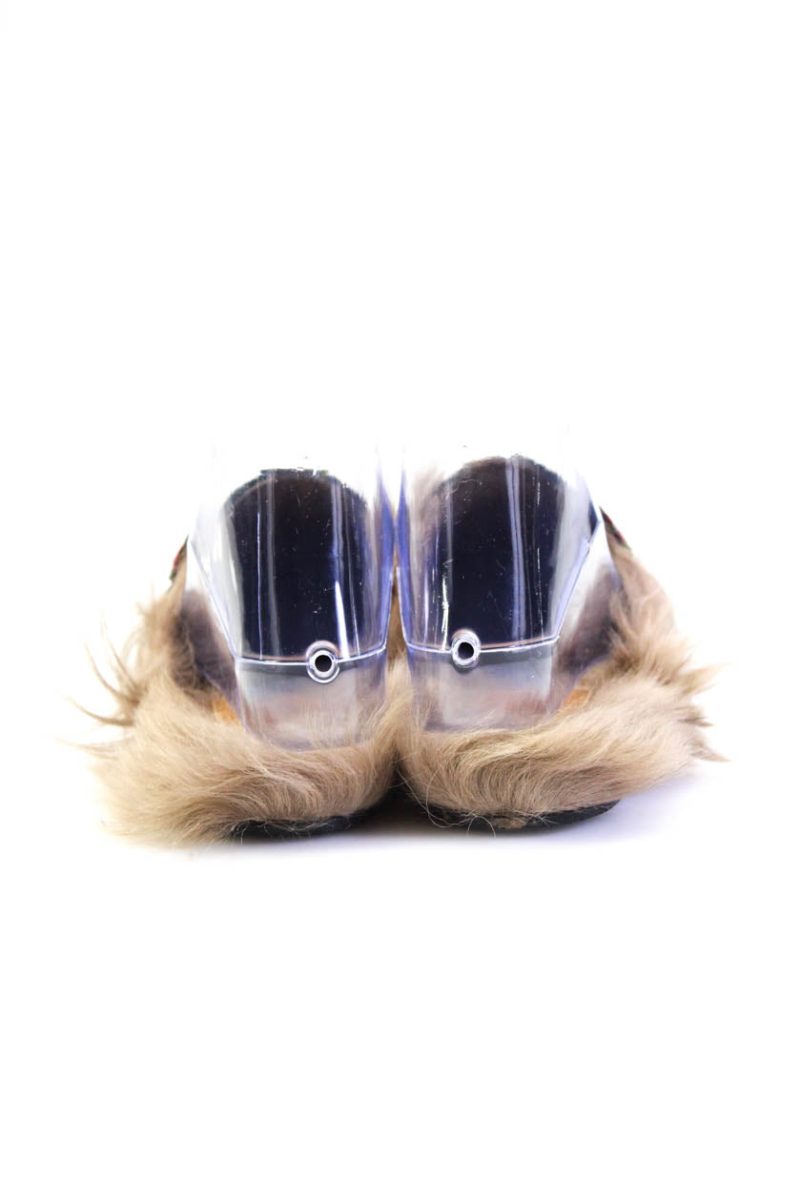 Gucci Women's Round Toe Gold Embellish Fur Floral Mules Sandals Black - Barde - Image 3