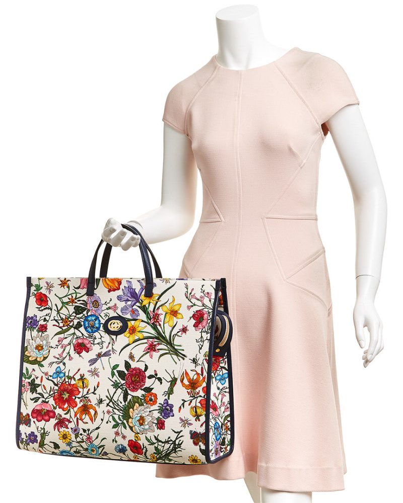 Gucci Medium Flora Canvas & Leather Tote, White - Barde - Image 3