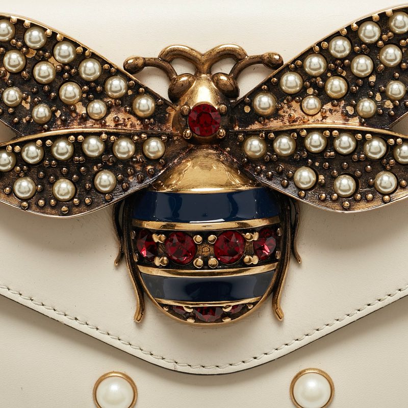 Gucci Off White Leather Mini Pearl Studded Broadway Bee Shoulder Bag - Barde - Image 4