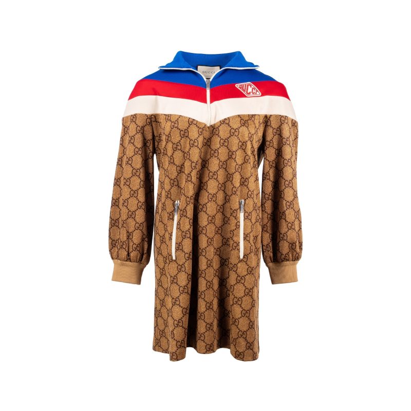 Gucci Size M GG Logo Printed Jersey Jacket Dress Polyester / Cotton Brown/multicolour - Barde