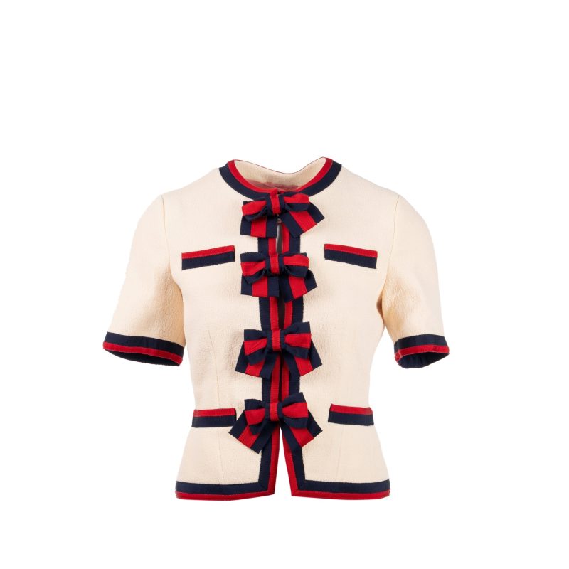 Gucci size 36 ribbon button mini jacket multicolour beige / navy/ red - Barde
