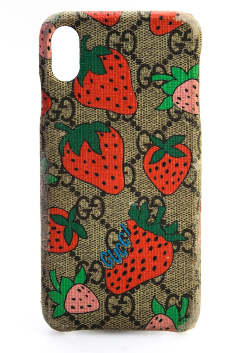 Gucci Womens Strawberry Print Guccissima Cell Phone Cover Brown - Barde