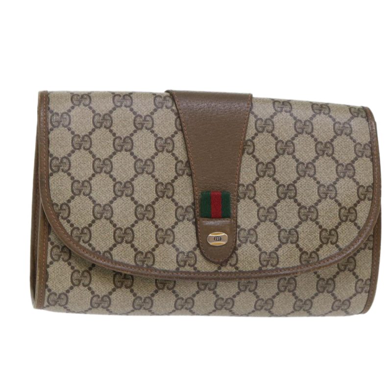 Gucci GG Canvas Web Sherry Line Clutch Bag PVC Leather Beige Red - Barde