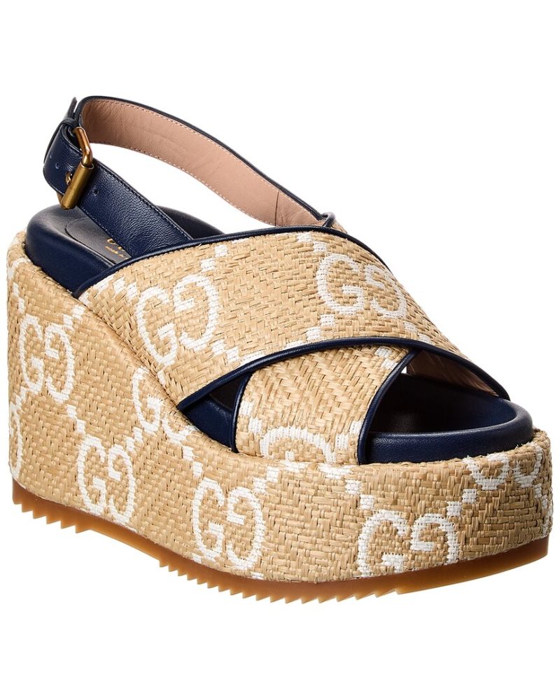 Gucci Straw & Leather Platform Wedge Sandal - Barde