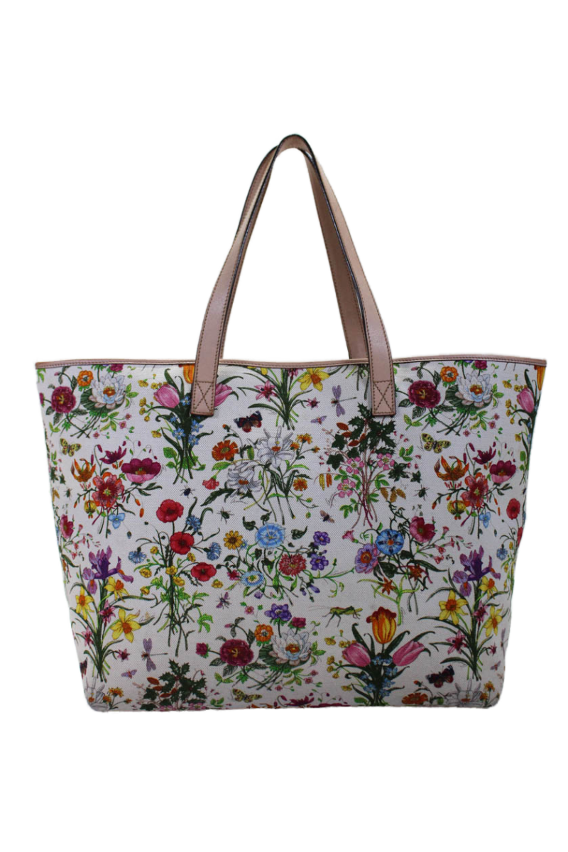 Gucci Womens Canvas Multicolored Floral Flora Print Open Top Large Tote Handbag White - Barde - Image 6