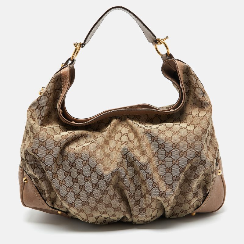 Gucci Beige/brown Gg Canvas And Leather Large Jockey Hobo - Barde