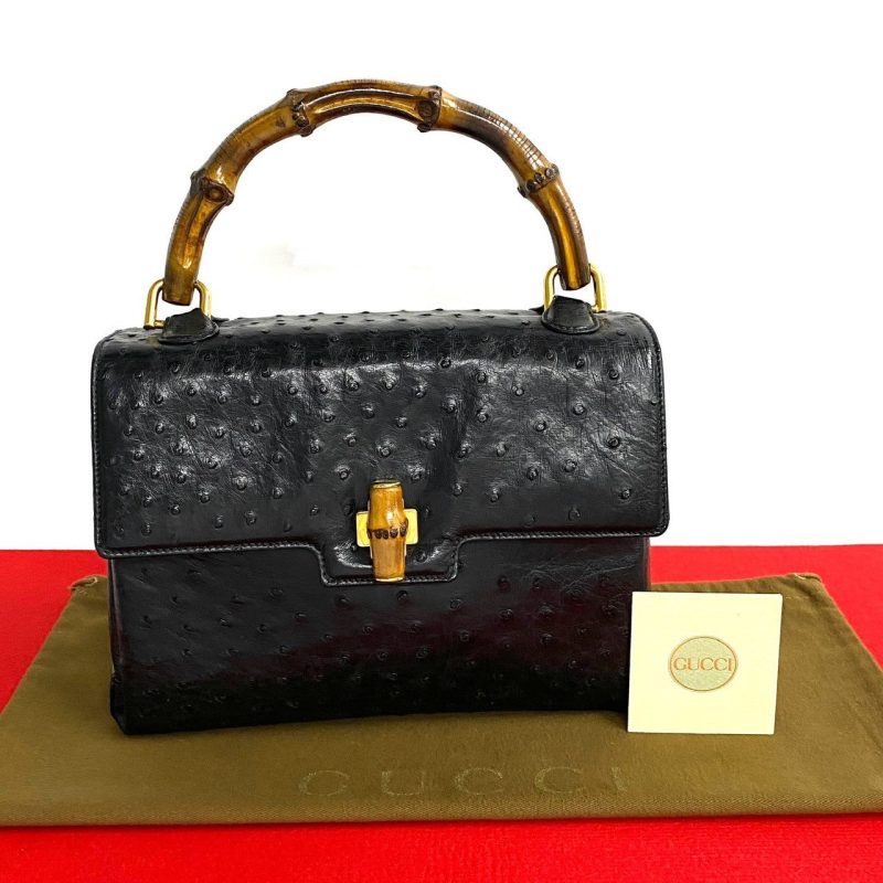 Gucci Bamboo Ostrich Leather Handbag Black - Barde