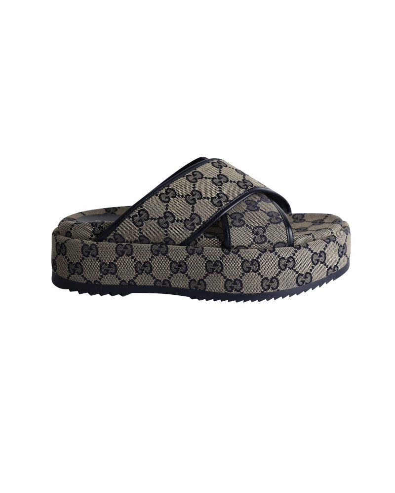 Gucci Cross Strap Angelina Platform Slides in Beige Canvas - Barde