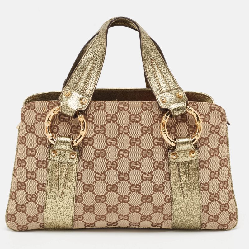Gucci Metallic/beige Gg Canvas And Leather Bamboo Ring Satchel - Barde