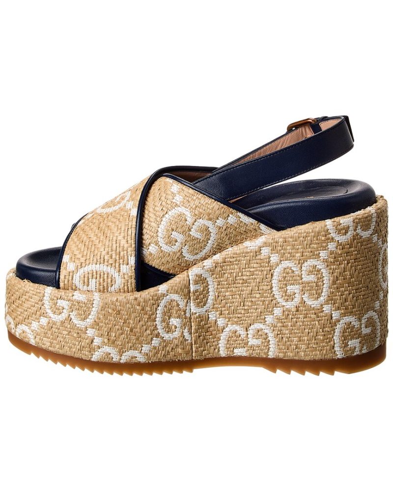 Gucci Straw & Leather Platform Wedge Sandal - Barde - Image 2