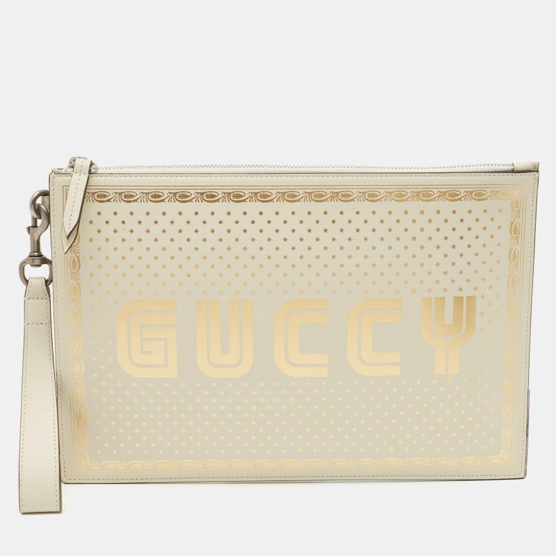 Gucci Off White/gold Leather Guccy Zip Wristlet Pouch - Barde