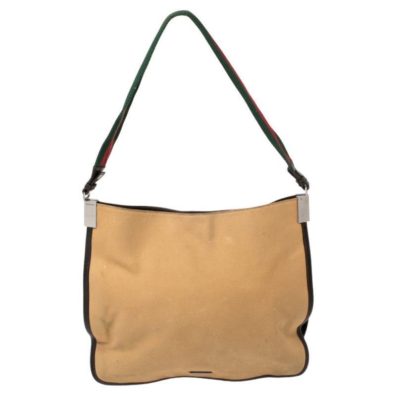 Gucci Khaki Canvas And Leather Trim Web Detail Hobo - Barde