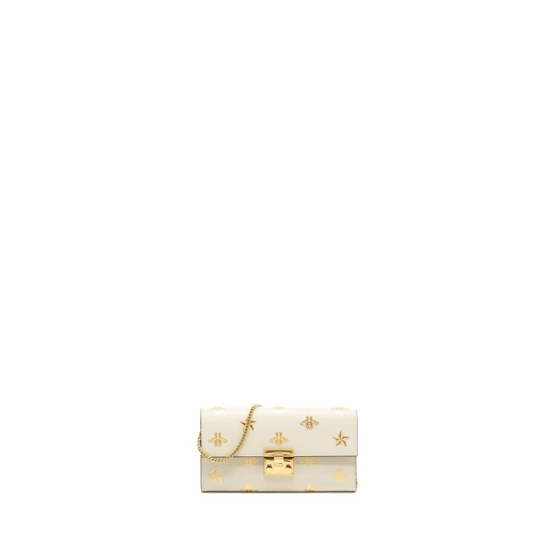 Gucci Mini Padlock Pouch With Chain with Bee Printed Calfskin White/Gold GHW - Barde