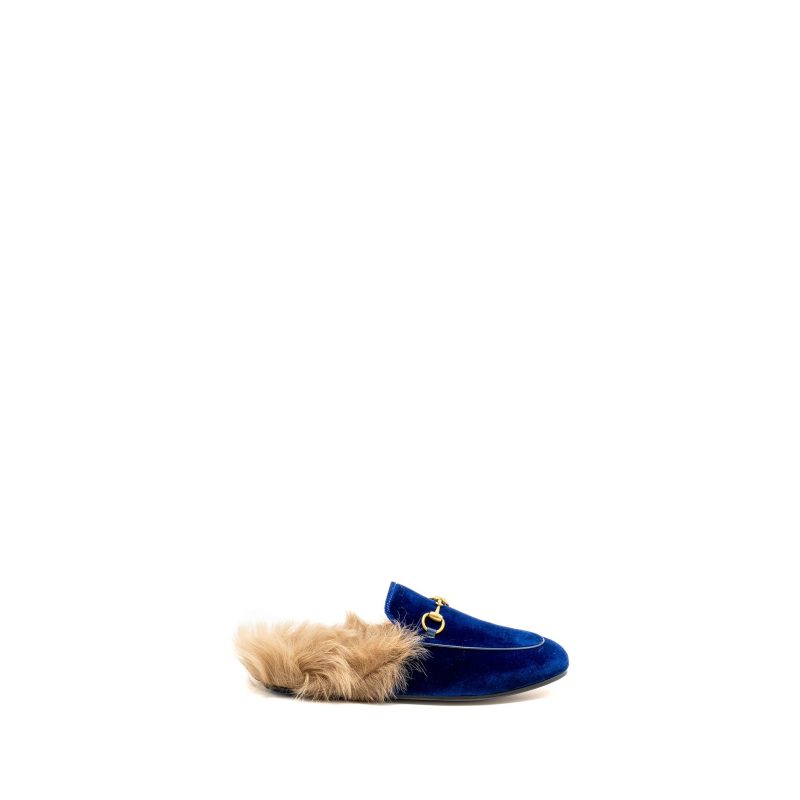 Gucci Size 36.5 Horsebit Princetown Fur Slipper Velvet Blue GHW - Barde - Image 5