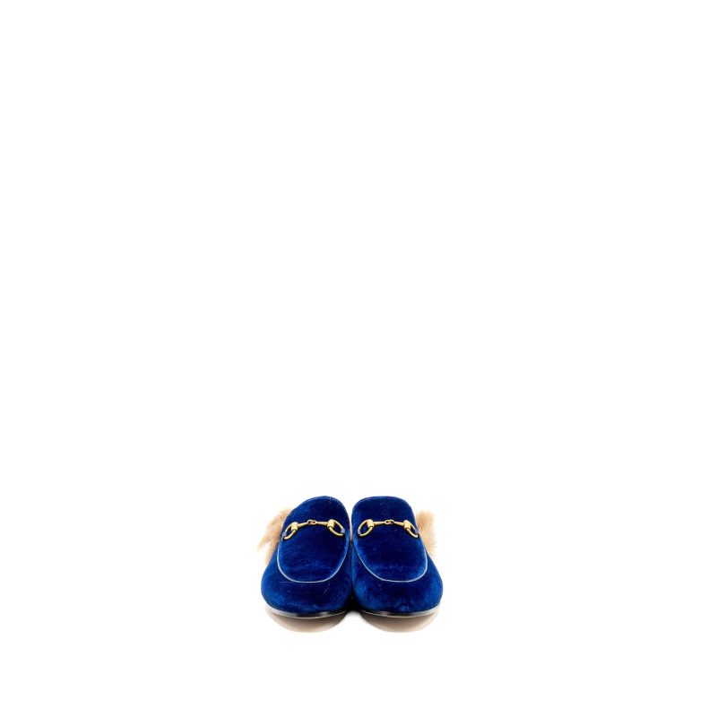 Gucci Size 36.5 Horsebit Princetown Fur Slipper Velvet Blue GHW - Barde - Image 2