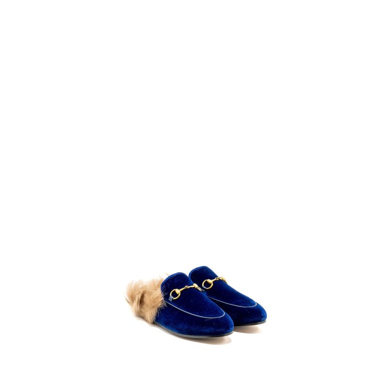 Gucci Size 36.5 Horsebit Princetown Fur Slipper Velvet Blue GHW - Barde