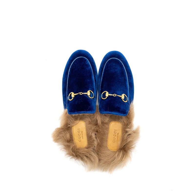 Gucci Size 36.5 Horsebit Princetown Fur Slipper Velvet Blue GHW - Barde - Image 4