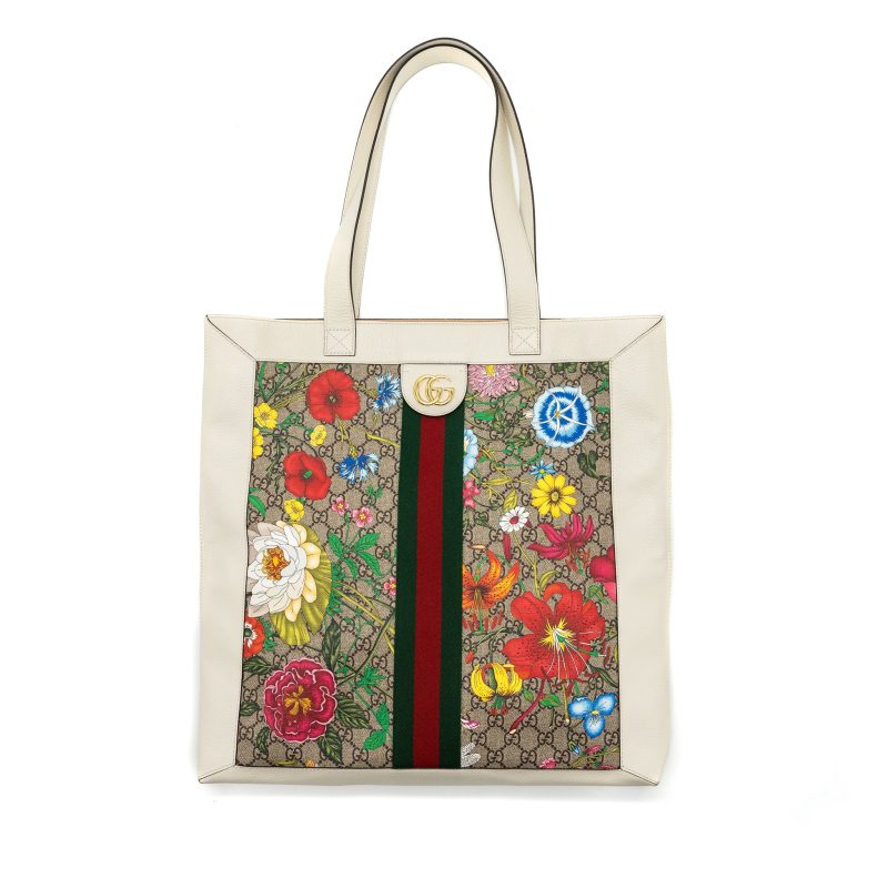 GUCCI OPHIDIA GG LEATHER TRIMMED Flora PRINTED COATED CANVAS TOTE Mulitcolour GHW - Barde