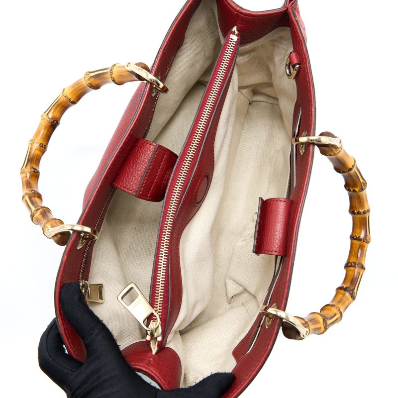 Gucci Crossbody Tote Bag Bamboo Handle Calfskin Red LGHW - Barde - Image 6