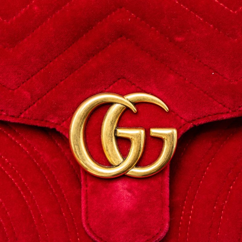 Gucci Small GG Marmont Bag Velvet Red Brushed GHW - Barde - Image 8