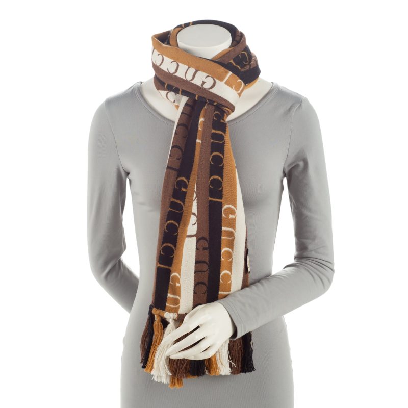Gucci Wool Cotton Logo Wood Stripes Scarf (SHF-EYPQTE) - Barde - Image 3