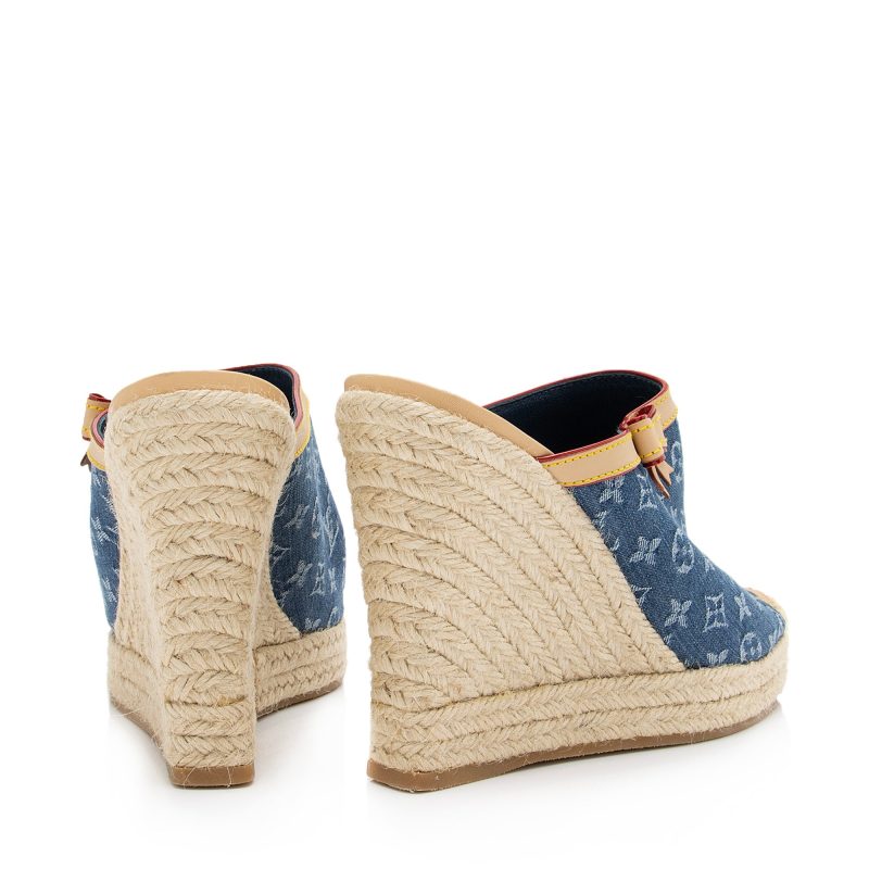 Louis Vuitton Monogram Denim Espadrilles Wedge Sandals - Size 9 / 39 (SHF-23720) - Barde - Image 3
