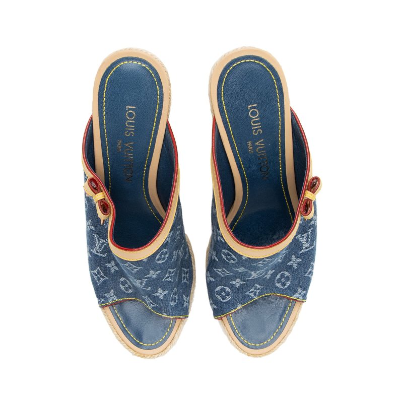 Louis Vuitton Monogram Denim Espadrilles Wedge Sandals - Size 9 / 39 (SHF-23720) - Barde - Image 4