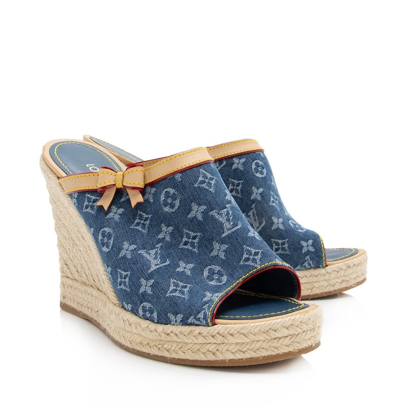 Louis Vuitton Monogram Denim Espadrilles Wedge Sandals - Size 9 / 39 (SHF-23720) - Barde - Image 2