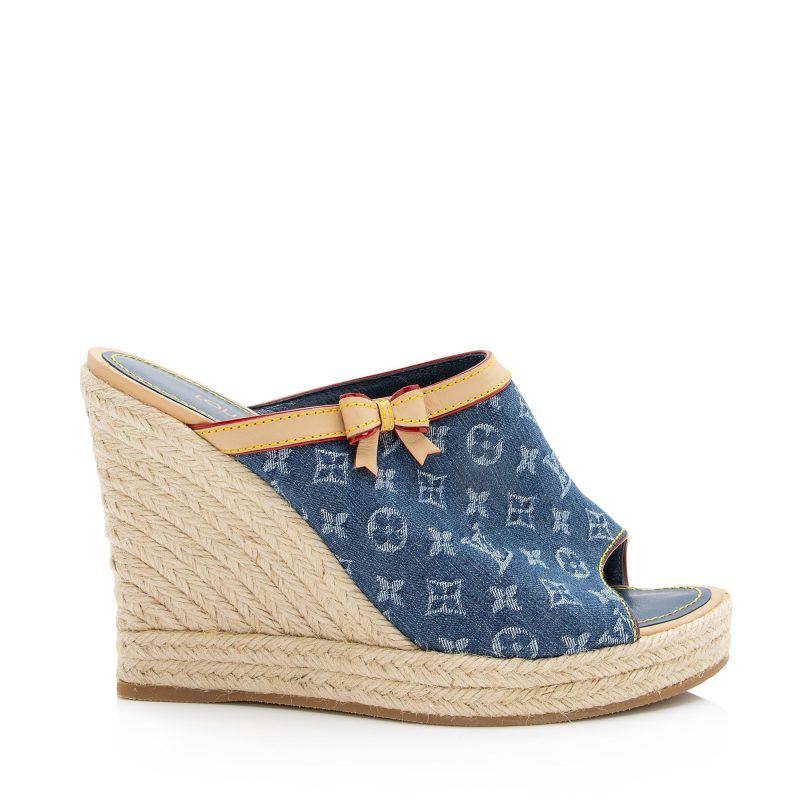 Louis Vuitton Monogram Denim Espadrilles Wedge Sandals - Size 9 / 39 (SHF-23720) - Barde