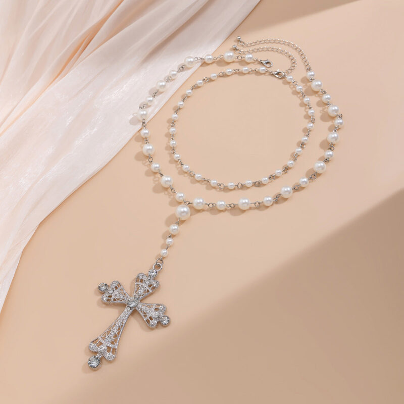 Ornament Fashion Imitation Pearl Cross Collar Geometric Necklaces - Image 3