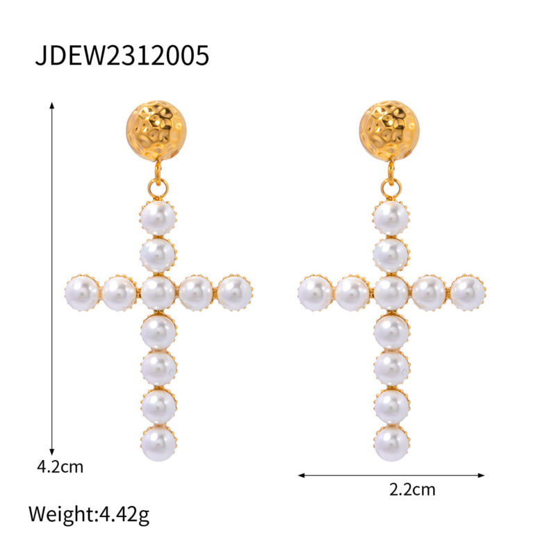 Women's Ding Ornament Stainless Steel Pearl Cross Earrings - Image 7