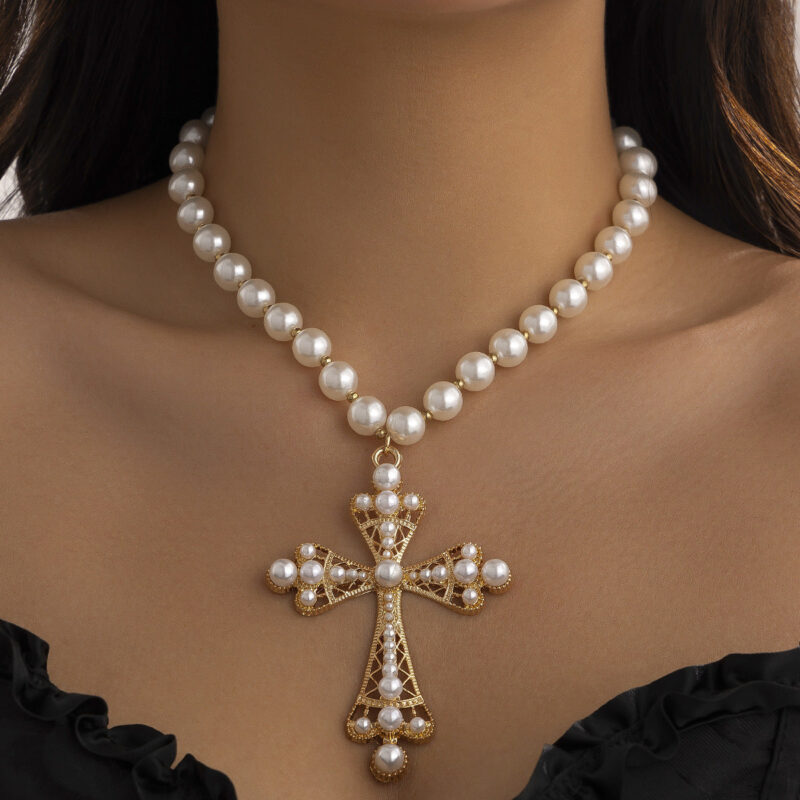 Ornament Fashion Imitation Pearl Cross Collar Geometric Necklaces - Image 2