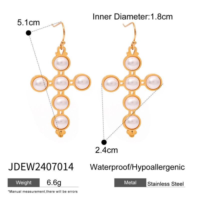 Women's Ding Ornament Stainless Steel Pearl Cross Earrings - Image 8