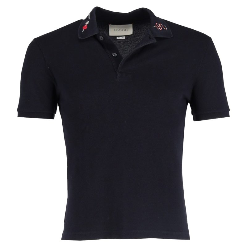 Gucci Embroidered Detail Polo Shirt in Navy Blue Cotton - Barde