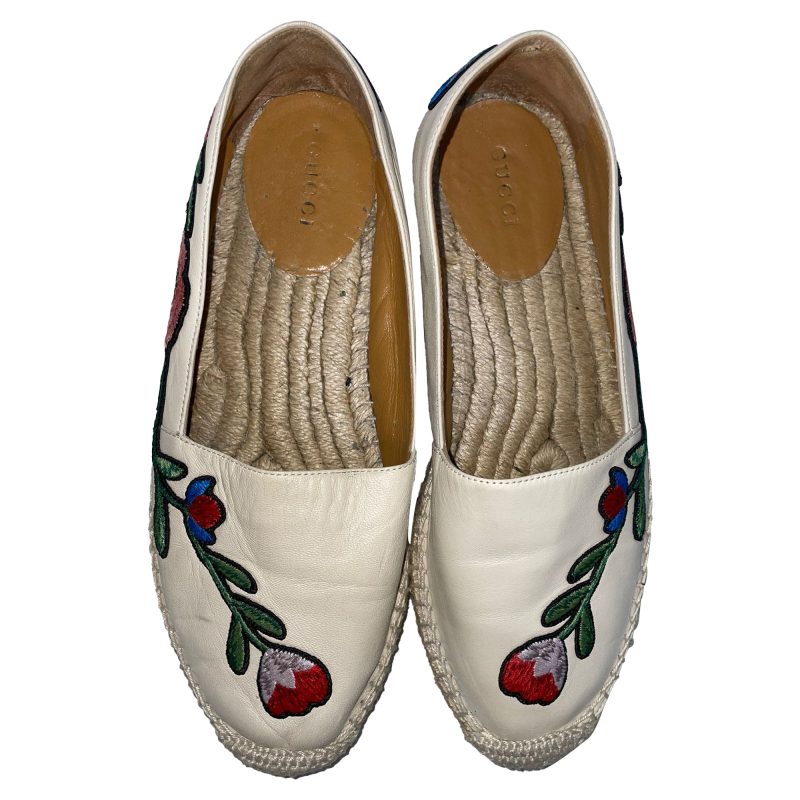 Gucci Floral Embroidered Espadrilles in White Leather - Barde - Image 5