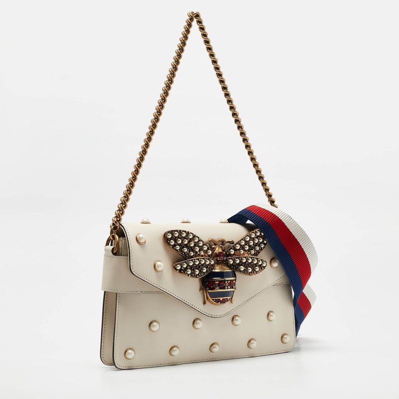 Gucci Off White Leather Mini Pearl Studded Broadway Bee Shoulder Bag - Barde - Image 2