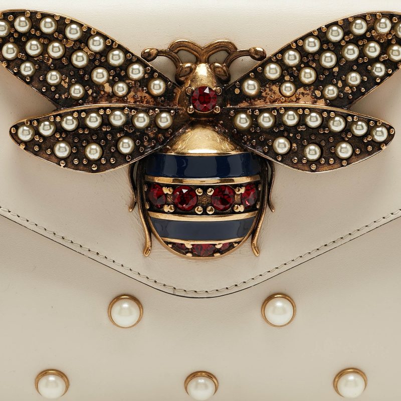 Gucci Off White Leather Mini Pearl Studded Broadway Bee Shoulder Bag - Barde - Image 5