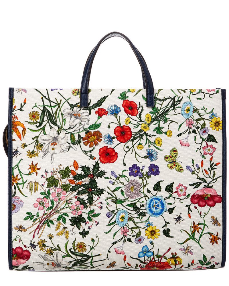 Gucci Medium Flora Canvas & Leather Tote, White - Barde - Image 2